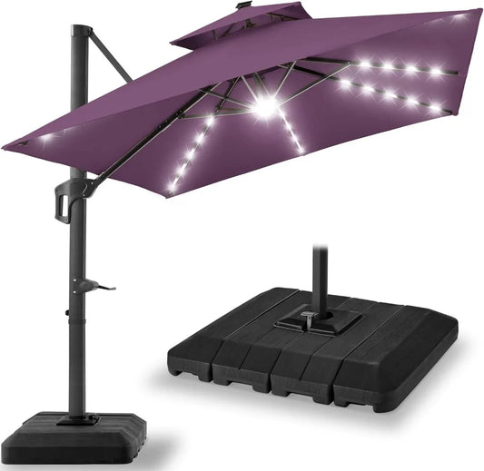 NONECN Cantilever Patio Umbrella With Base And Solar LED Lights