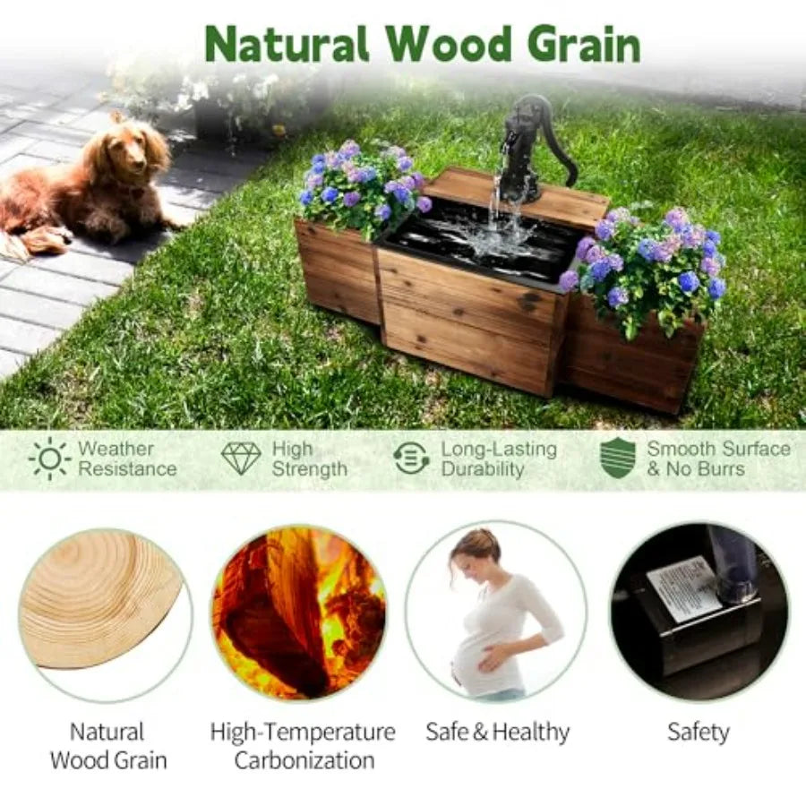 Outdoor Water Fountain Wooden Rectangular Old Fashioned Pump Flower Box