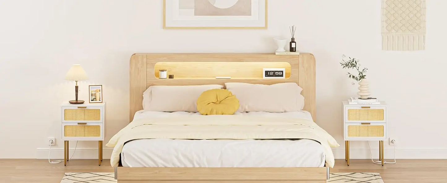 XIUWO Nightstand With Charging Station Rattan Bedside Table