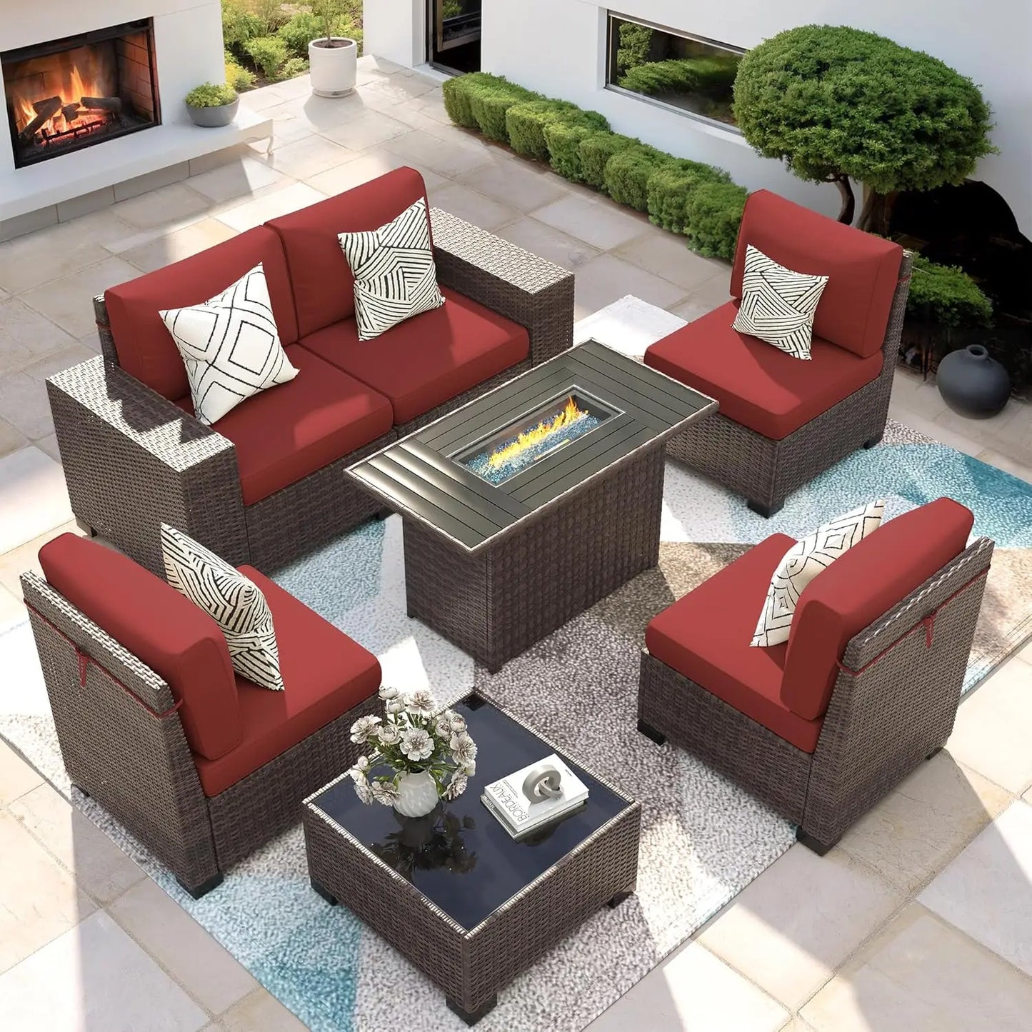 XIAOLANG 7-Piece Outdoor Patio Furniture Set With Fire Pit Table