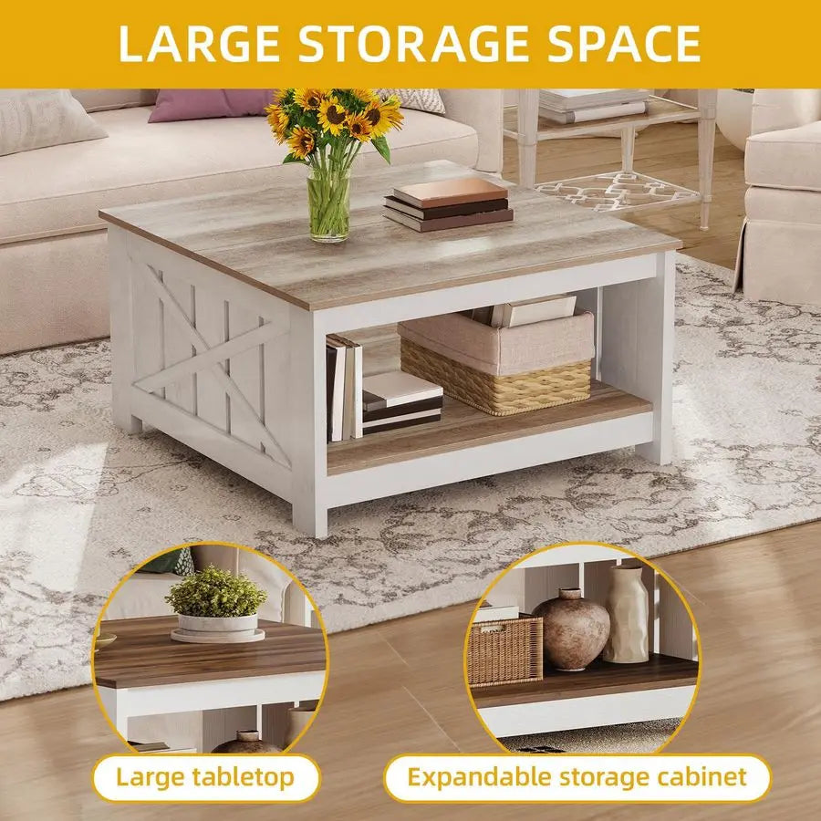 Square Farmhouse Coffee Table With Storage 2 Tier Wood Center