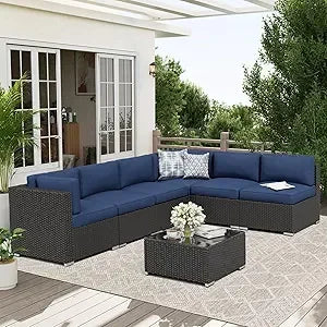 7 Piece Outdoor Patio Furniture Set Rattan Wicker Glass Table