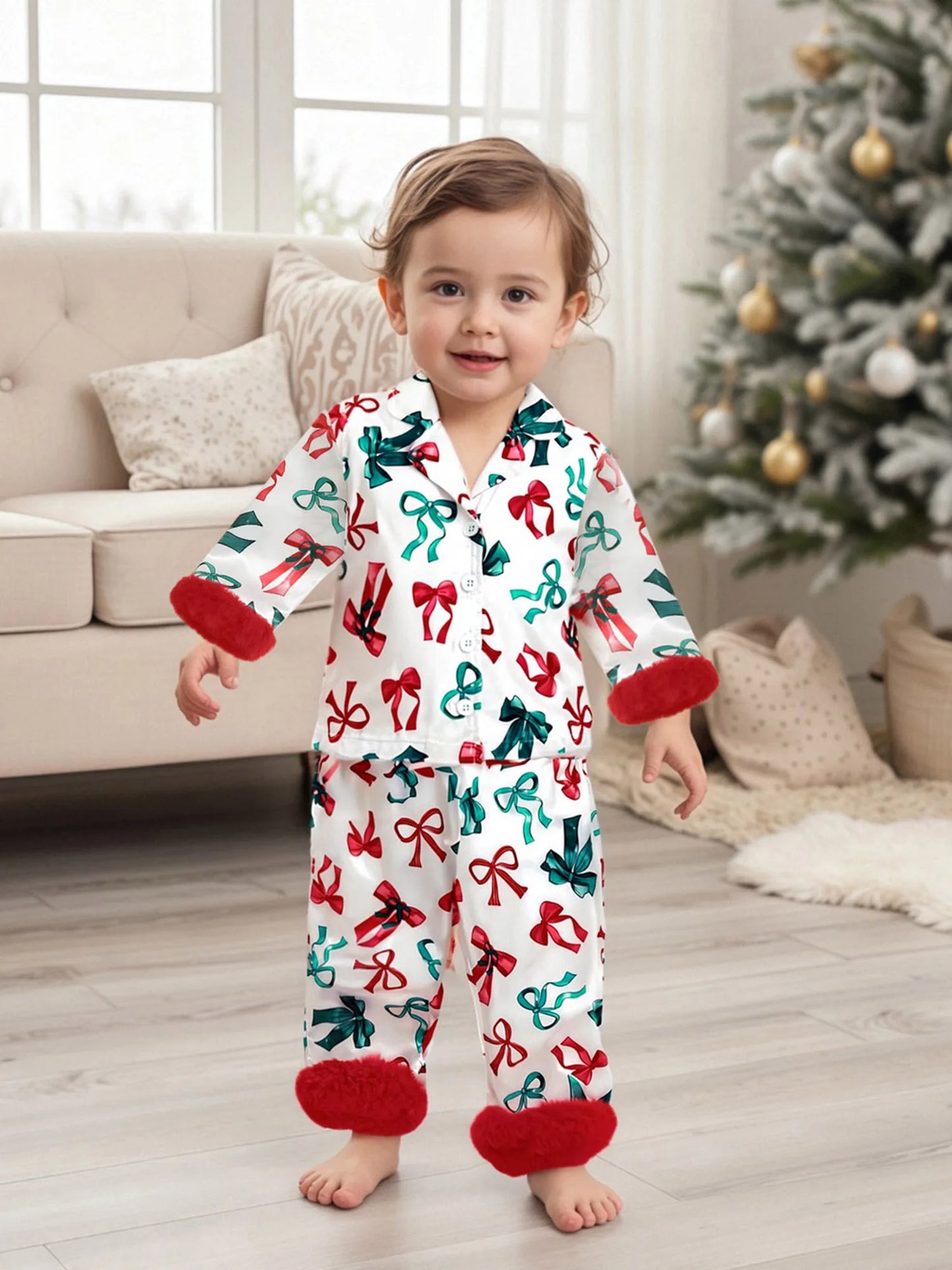 Meihuida Toddler Girl Christmas Pajamas Set With Festive Bow Print