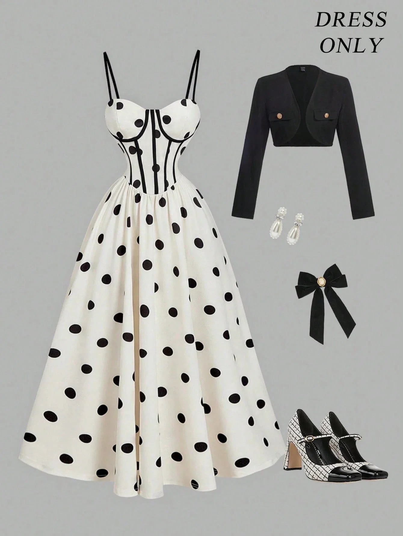 Polka Dot Midi Dress With Corset Bodice Flared Skirt