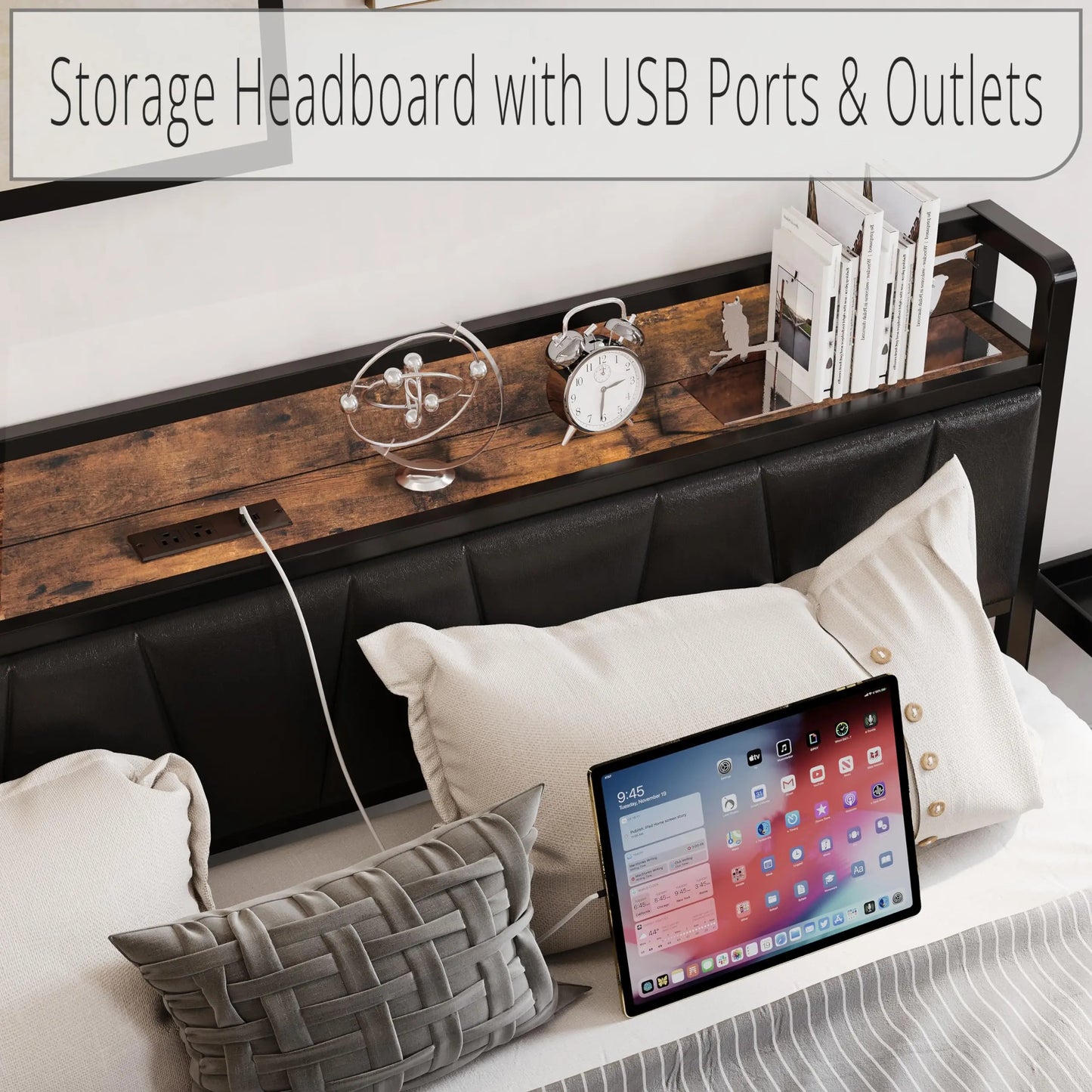 LIKIMIO Bed Frame With Storage Headboard Charging Station