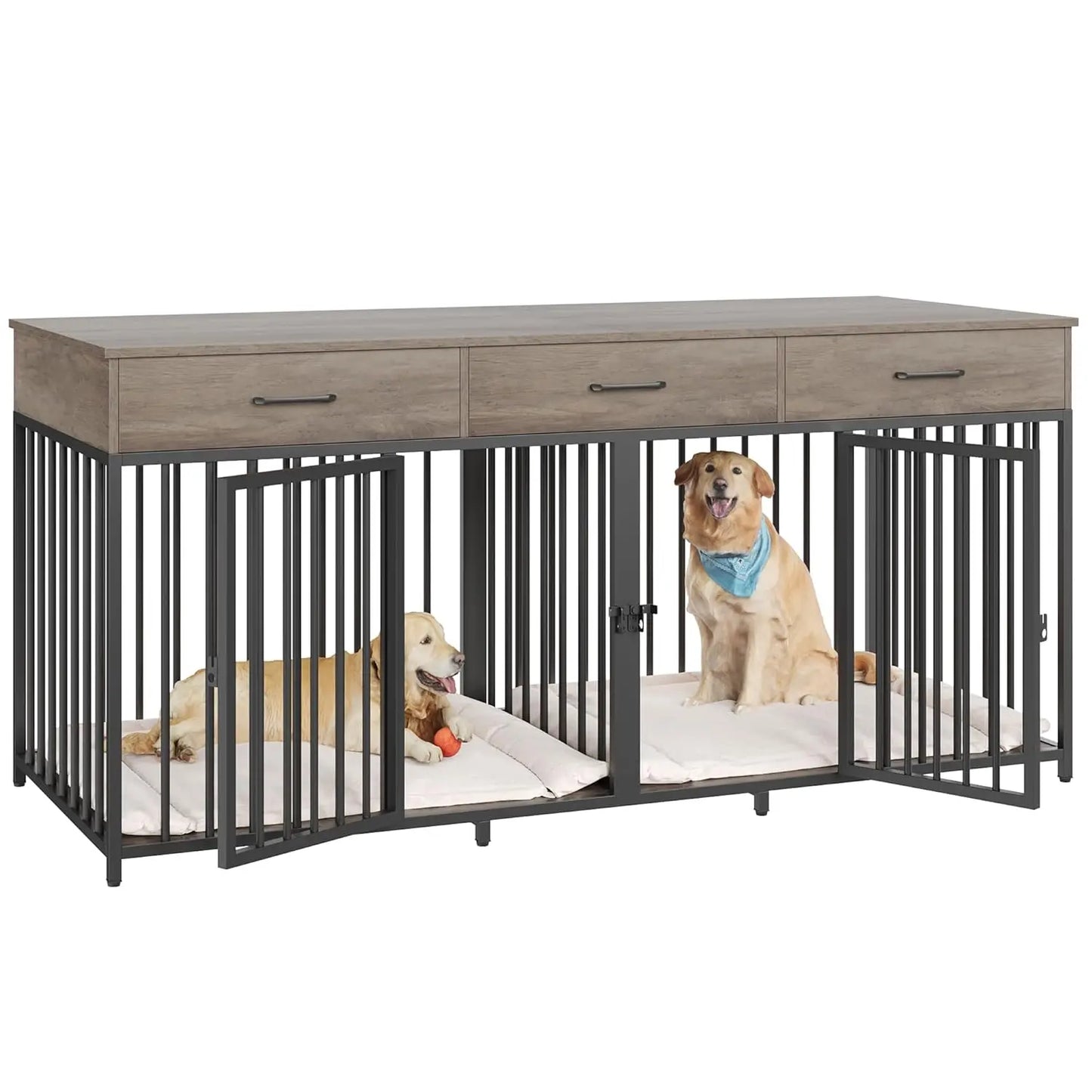 Double Dog Crate Furniture With Drawers And Removable Divider