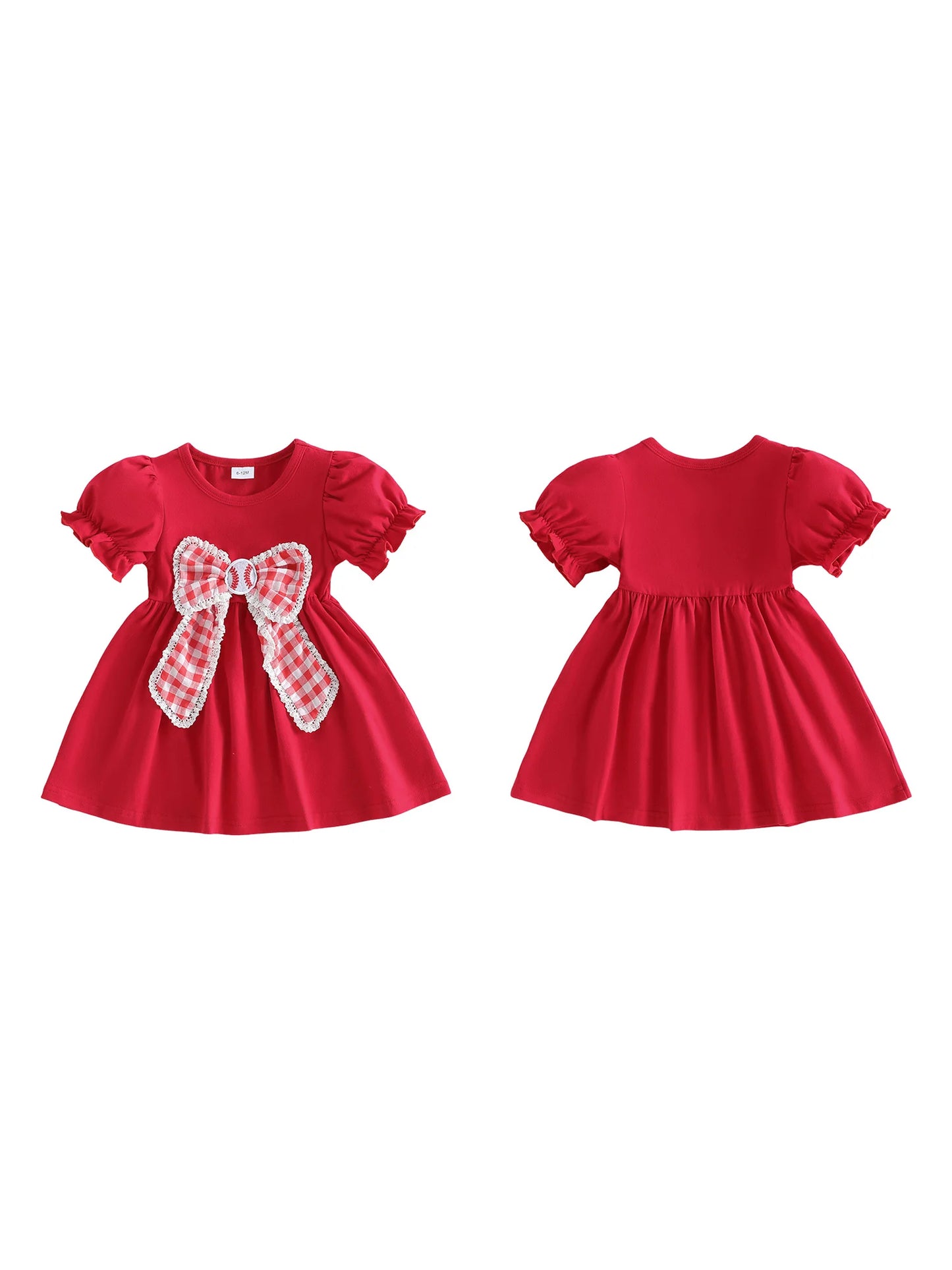 Girls Toddler Plaid Bowknot Dress With Baseball Theme Short Sleeve Casual