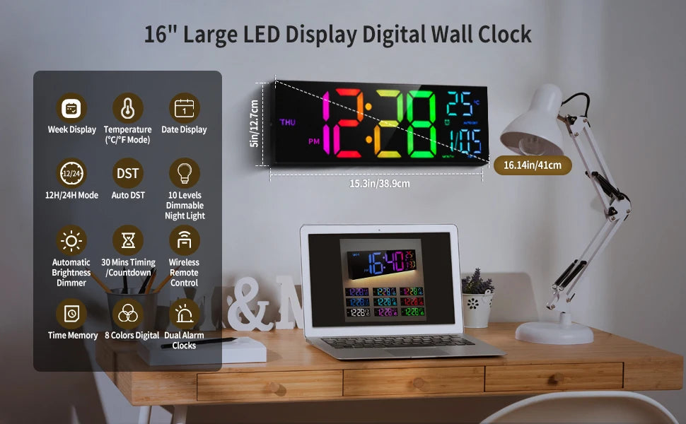 Digital Wall Clock With Large LED Display And Remote Temperature