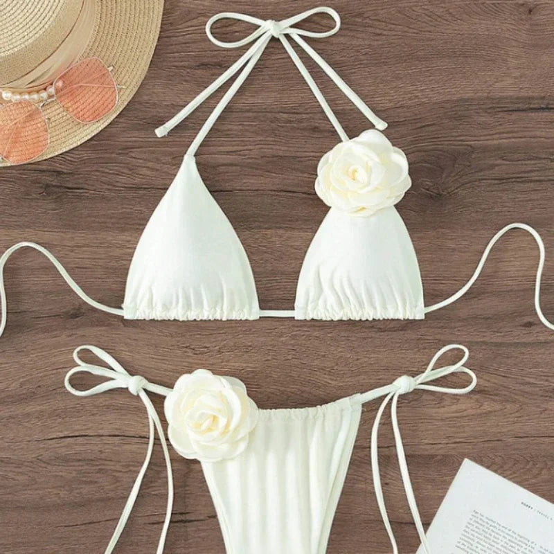 Sexy 3D Flowers Halter Strappy Bikini Set Women Swimwear