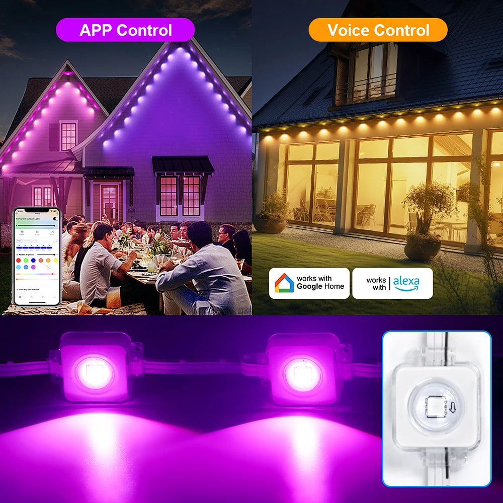 Smart RGB Northern Lights Outdoor Eaves String Lights 100ft 60 LEDs IP68 Waterproof for Christmas Parties and Holidays