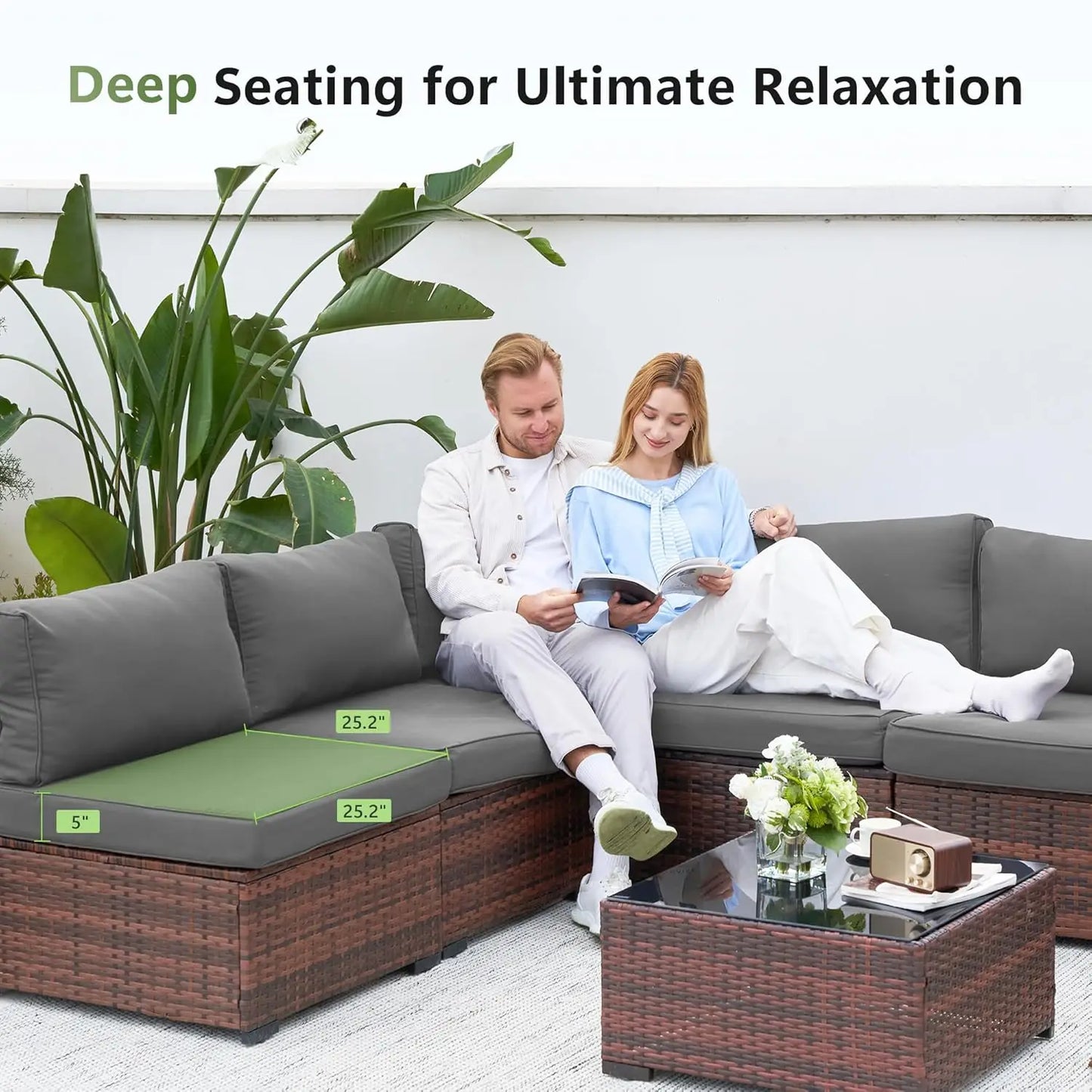 Patio 7-Piece Outdoor Rattan Sofa Set With Glass Coffee Table