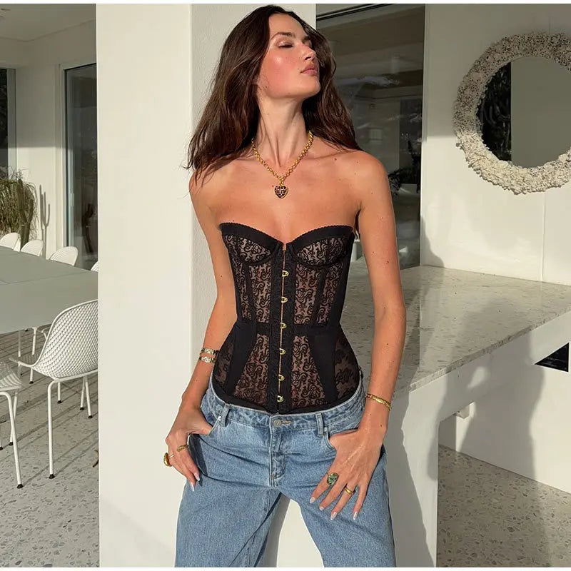 Spicy Girl Strapless Lace Hollow Out Corset Top Summer Style