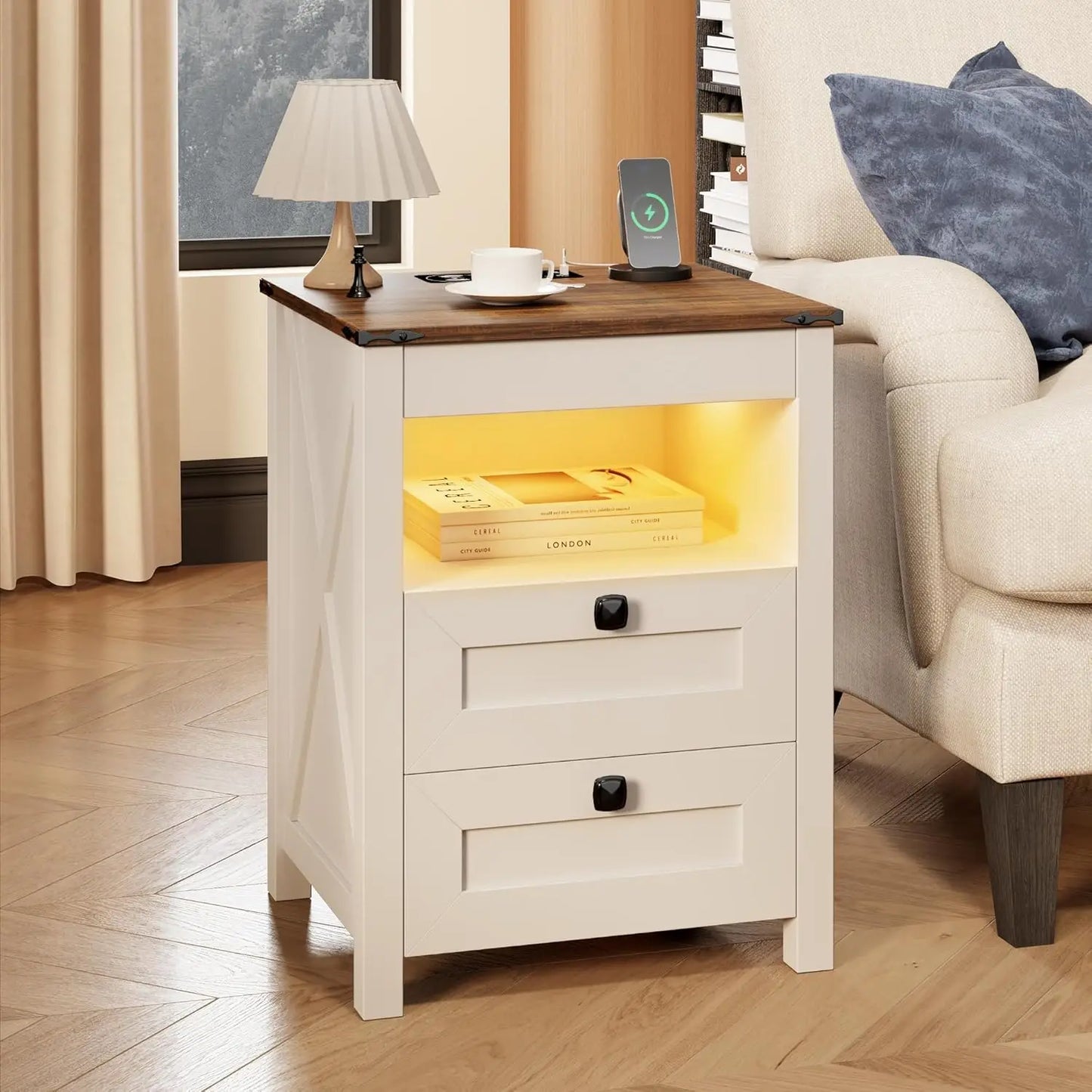 Frame LED Nightstand Set Of 2 Gun Drawer Charging Station