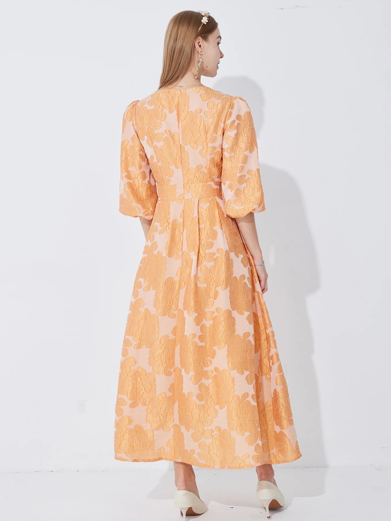 DEVCHATACN Elegant Jacquard Dress With Fitted Waist And Side Pockets