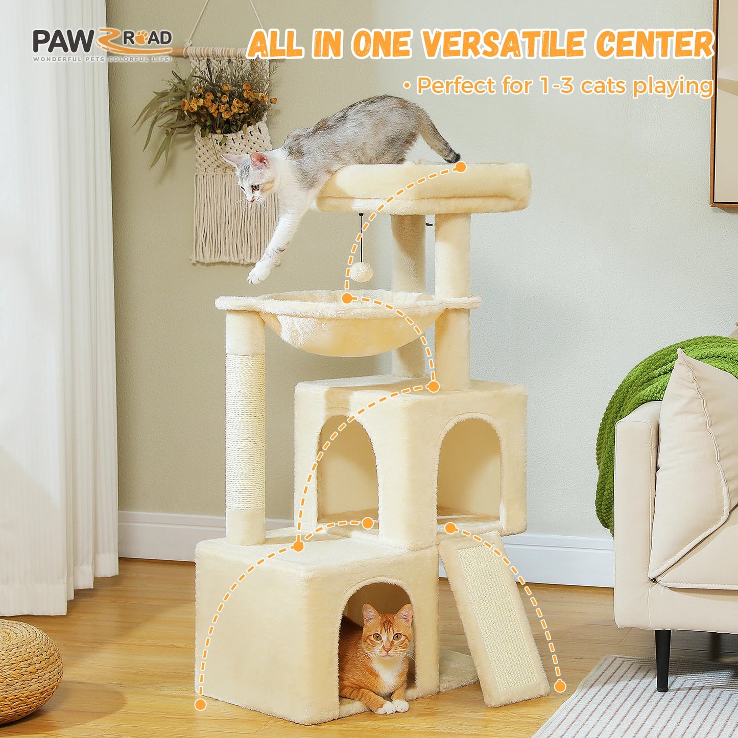 PEQULTI Cat Tree With Natural Sisal Scratching Post And Condo