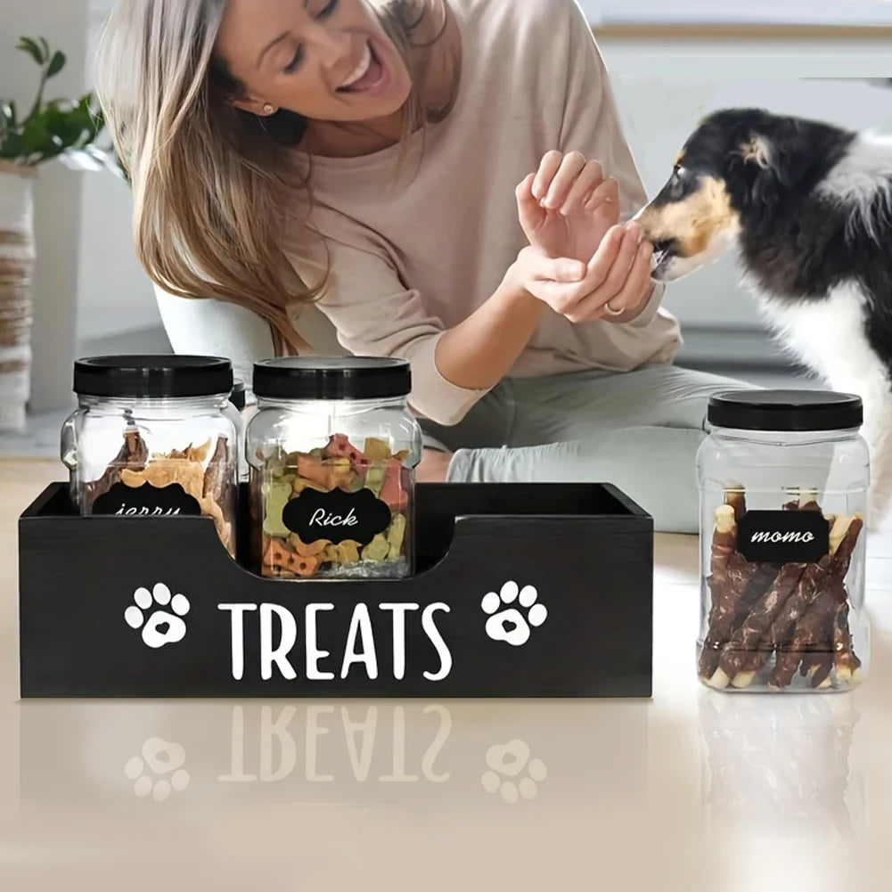 Wooden Dog Food Storage Holder With 3 Treat Jars Airtight