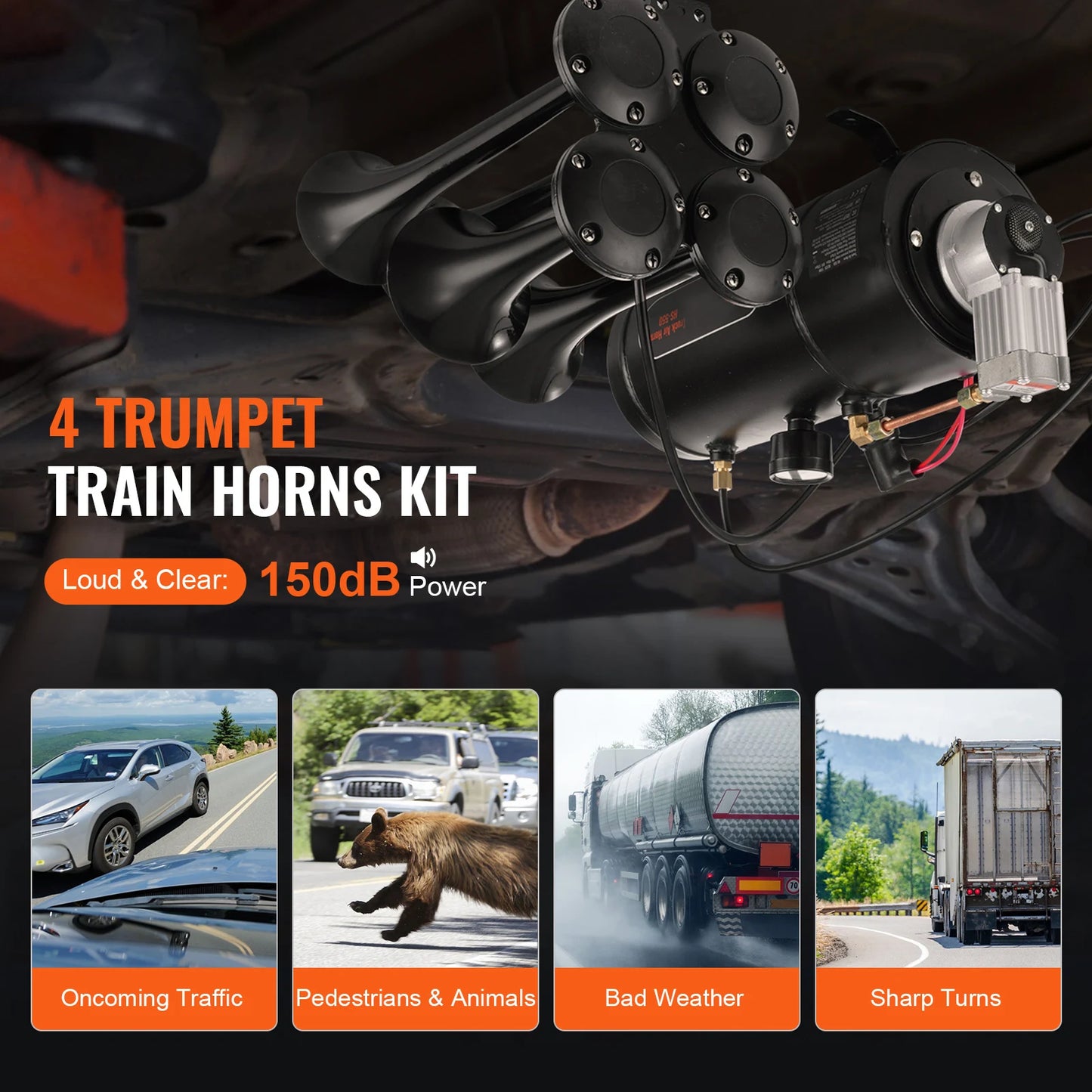 SucceBuy Train Horns Kit 4 Trumpets Air Horns 150dB