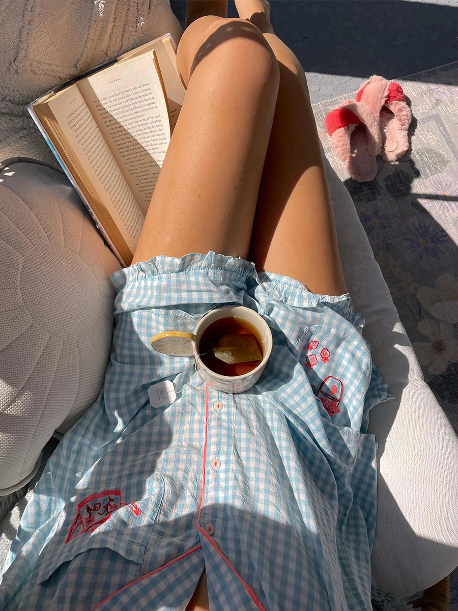 Hirigin Women Plaid Pajama Set Short Sleeve Shorts