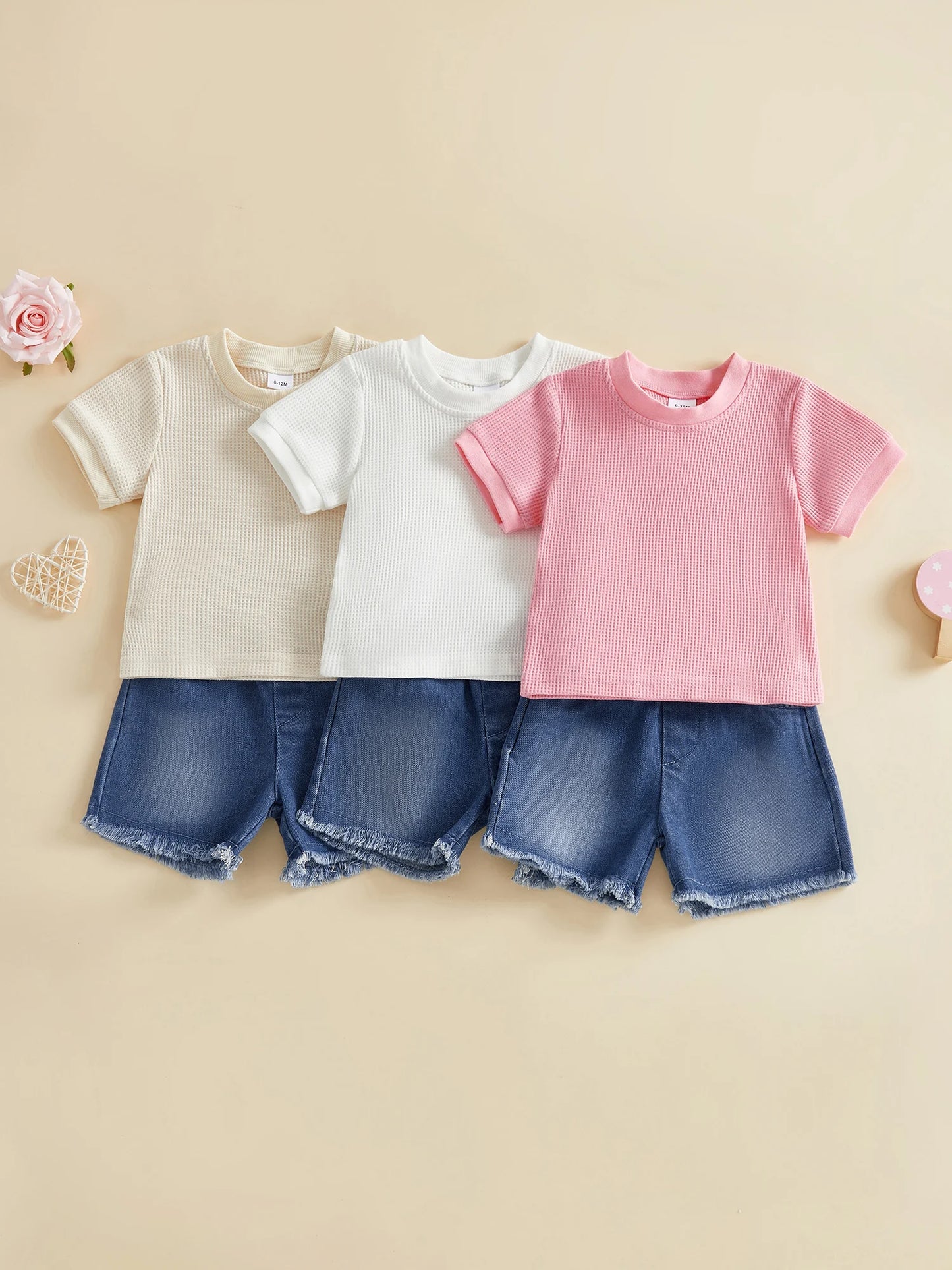 Two-Piece Infant Summer Outfit Set Crew Neck Tops Denim Shorts