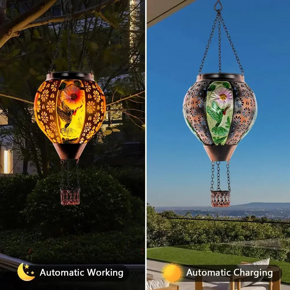 Hummingbird Solar Lantern Hot Air Balloon With Metal And Glass
