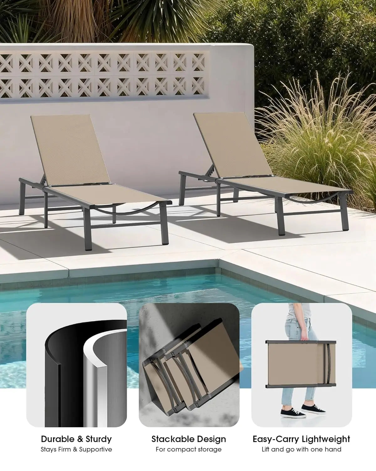 Foldable Outdoor Lounge Chair Set Of 2 Aluminum Chaise