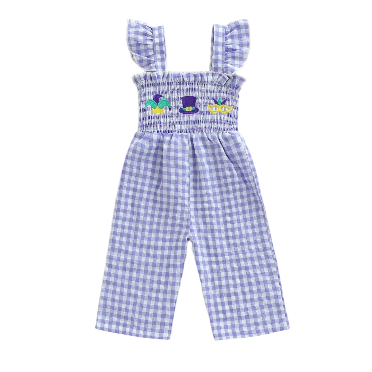 Girls Floral Embroidered Plaid Jumpsuit with Ruffle Sleeves