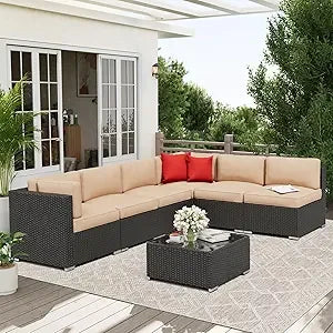7 Piece Outdoor Patio Furniture Set Rattan Wicker Glass Table