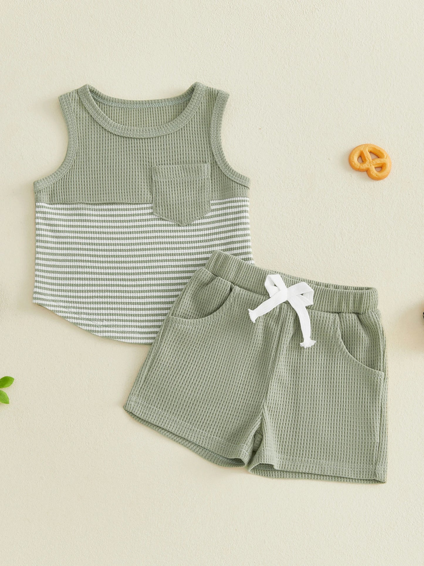 Cute Baby Girls Round Neck Sleeveless Striped Top And Shorts