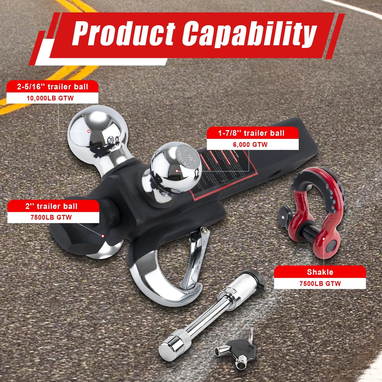 TYT Tri Ball Hitch Mount Locks Tow Hook Clevis Shackle