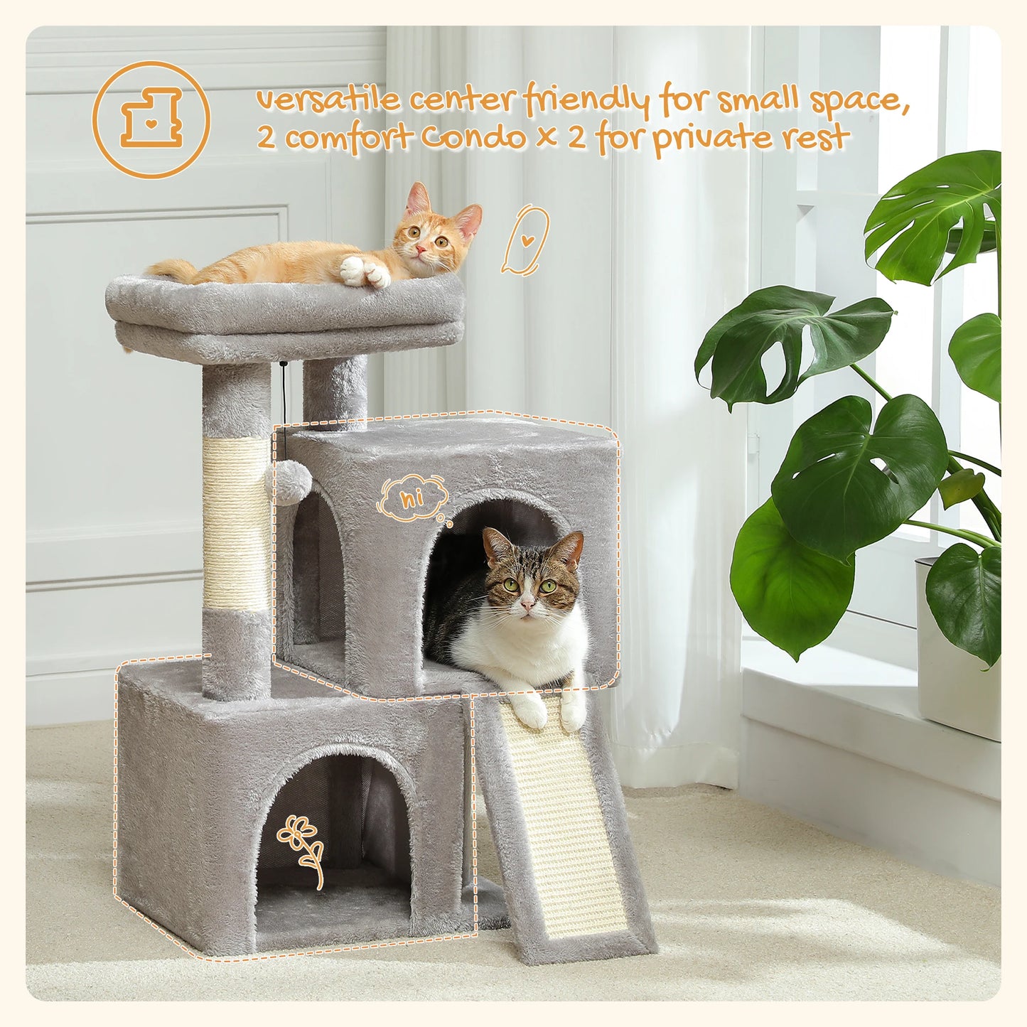 PEQULTI Cat Tree With Natural Sisal Scratching Post And Condo