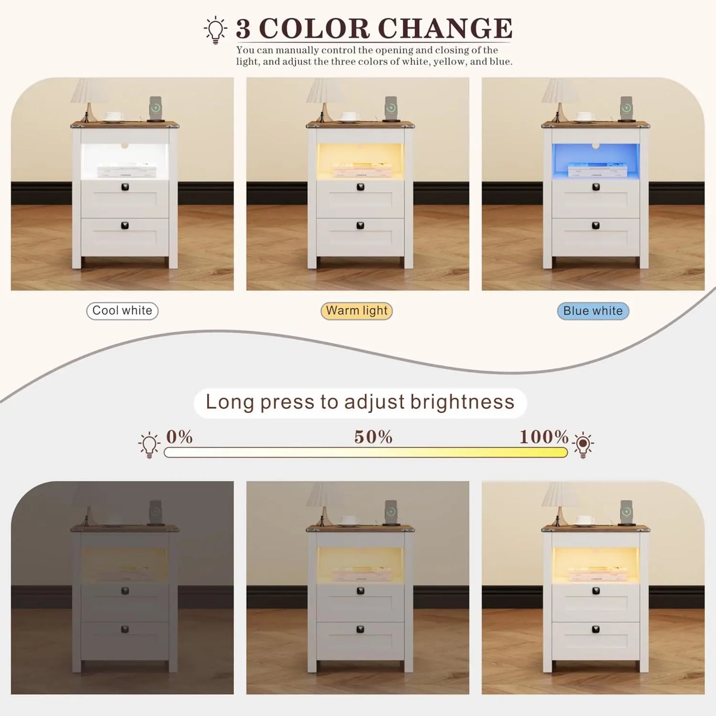 Frame LED Nightstand Set Of 2 Gun Drawer Charging Station