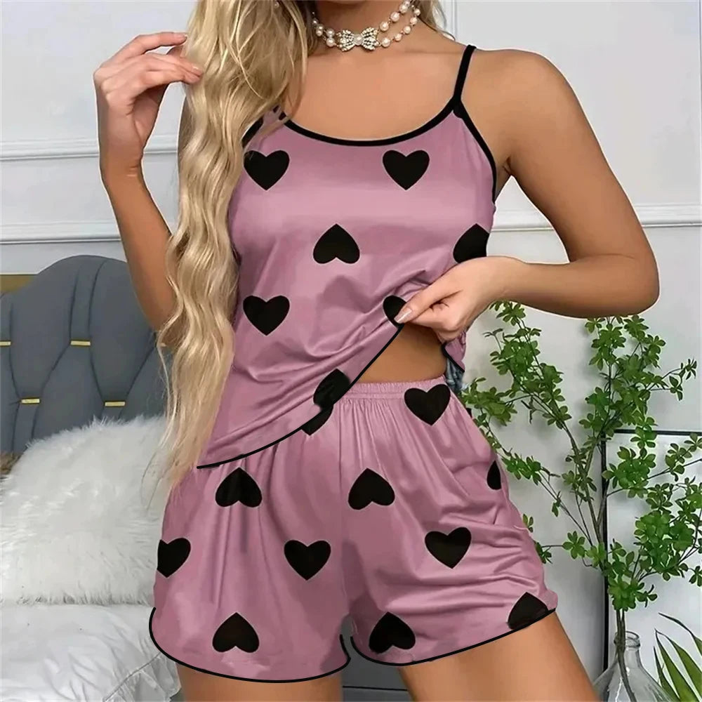 Women Pajama Set Sleeveless T Shirt Shorts Heart Print Summer