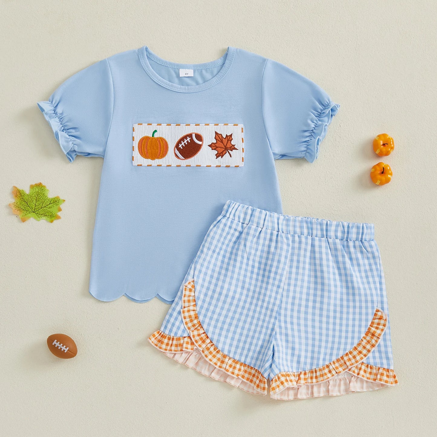 Baby Girls Halloween Costume Embroidered Tee With Plaid Ruffle Shorts Set