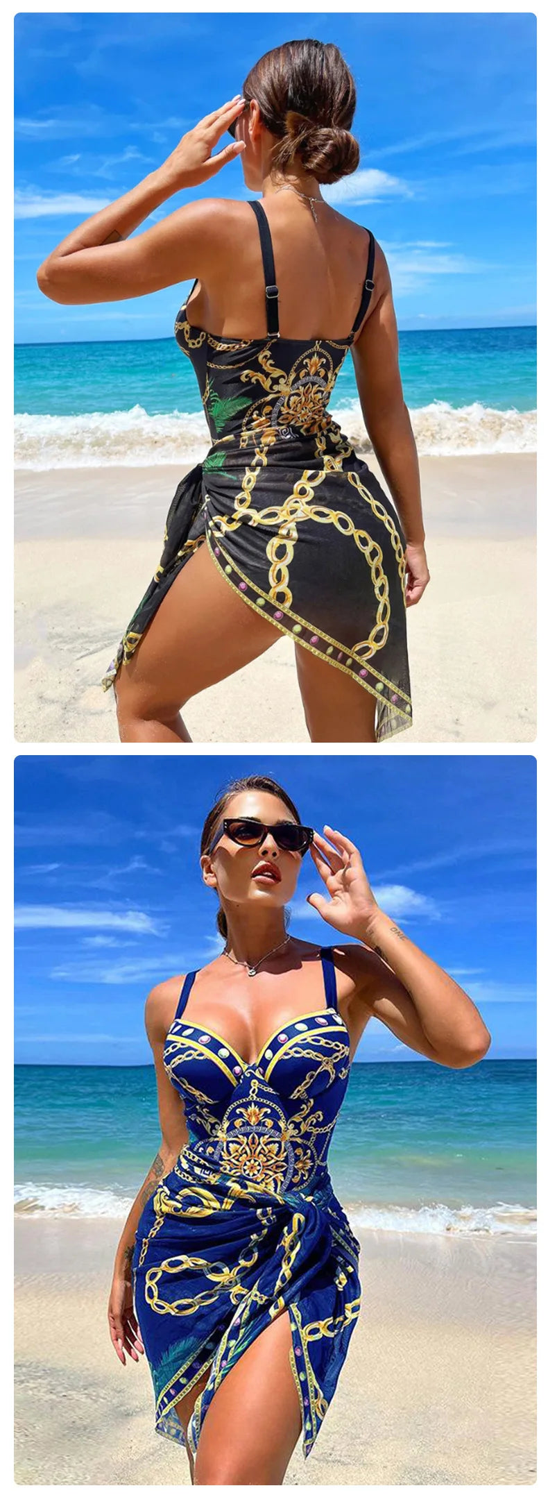 Underwire Push Up Women's Two Piece Bikini Swimsuit Chains Print