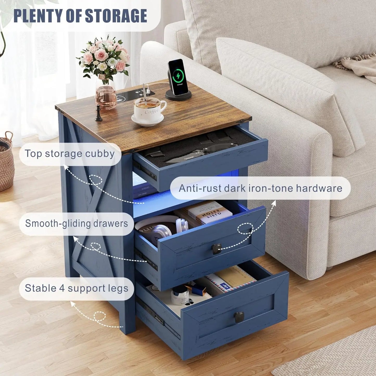 Frame LED Nightstand With Gun Drawer And Charging Station