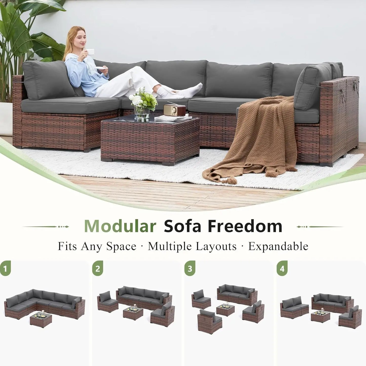 Patio 7-Piece Outdoor Rattan Sofa Set With Glass Coffee Table