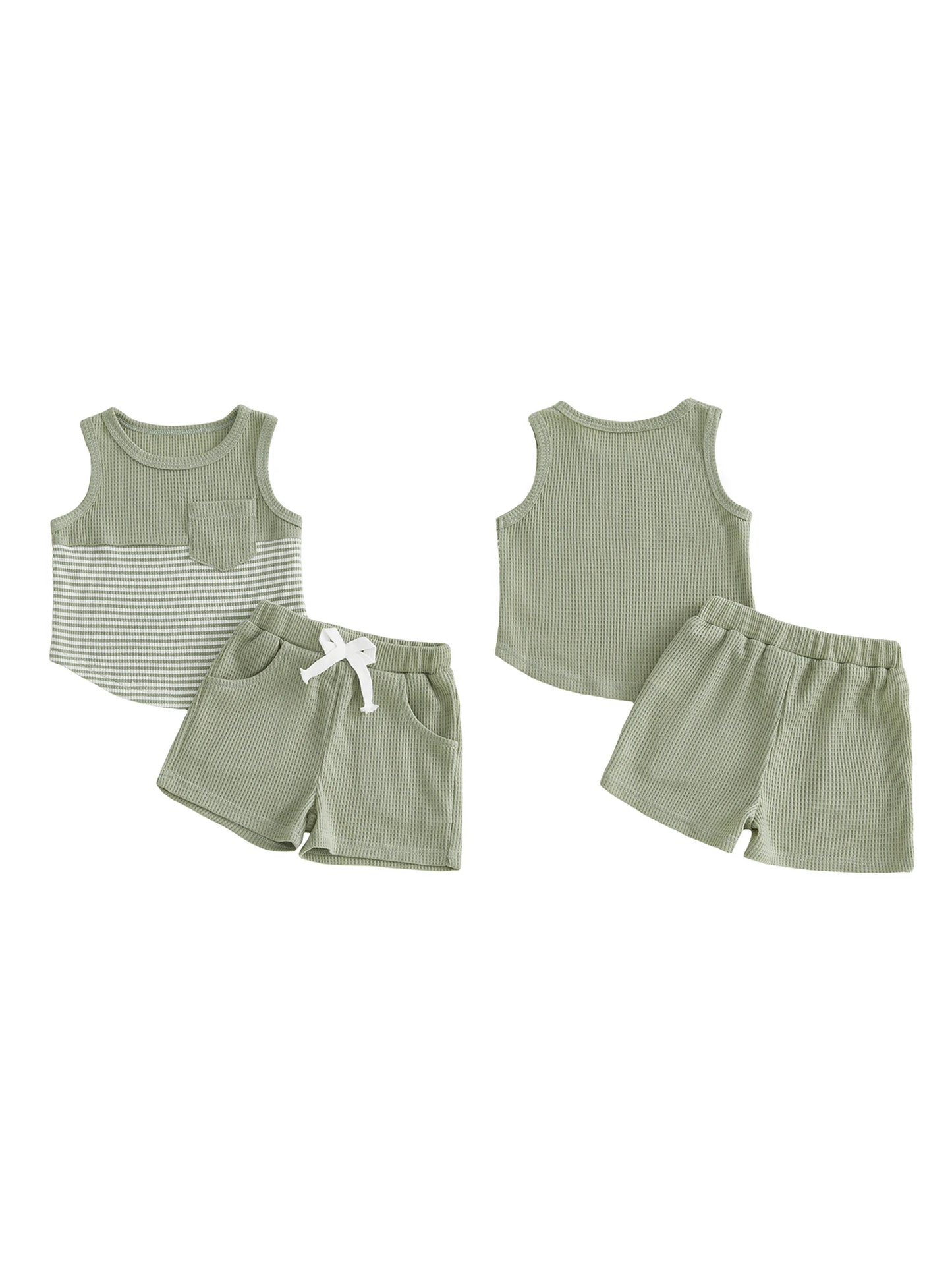 Cute Baby Girls Round Neck Sleeveless Striped Top And Shorts