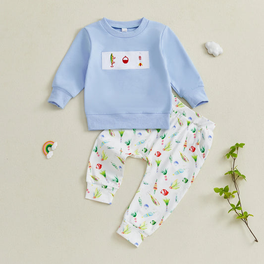 Toddler Unisex Autumn Outfit Set With Fish Embroidery Design