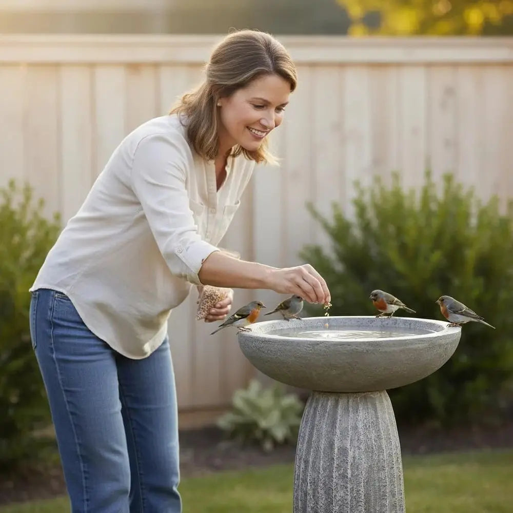Bird Bath Outdoor Concrete Pedestal Garden Decor For Yard