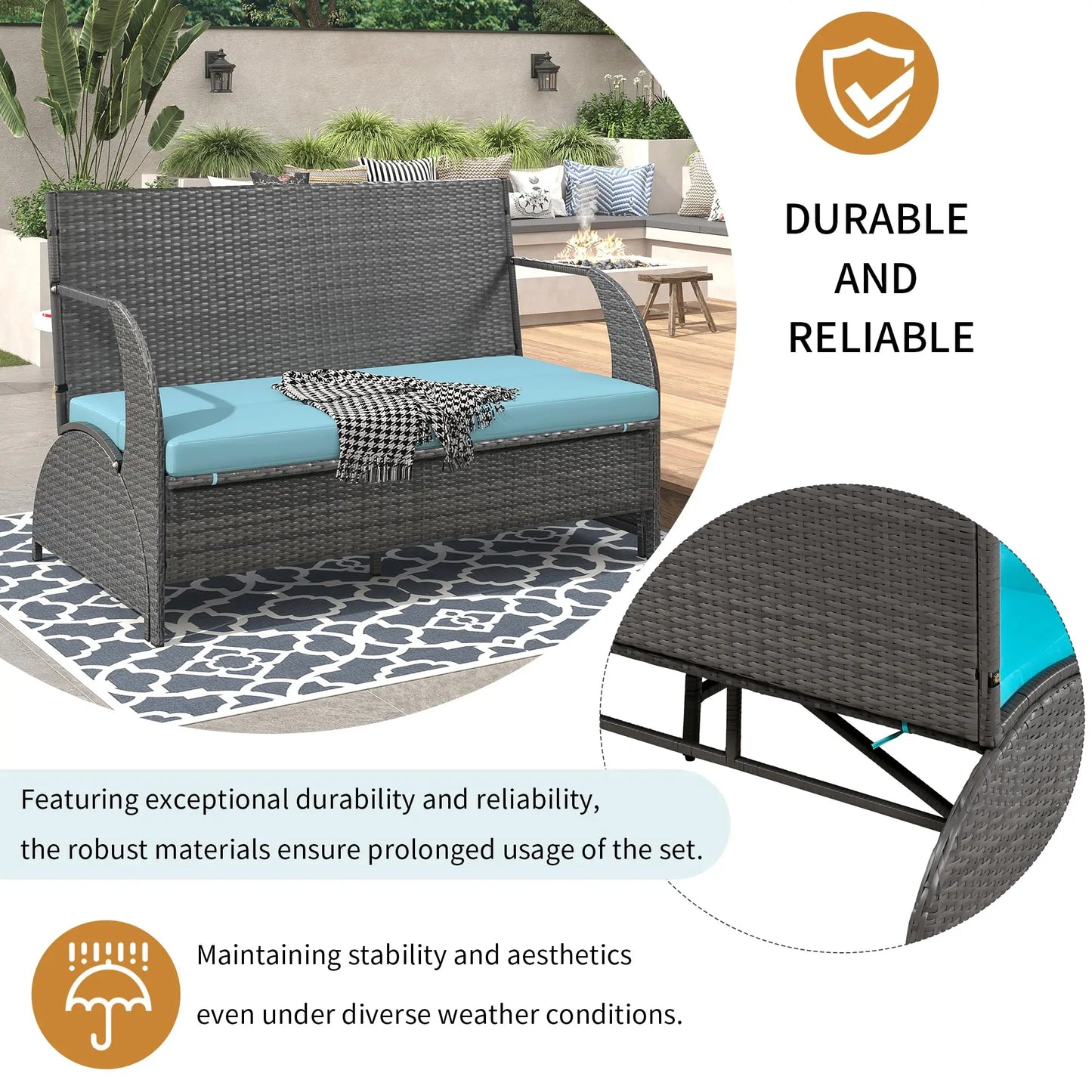 Outdoor Rattan Loveseat Convertible Picnic Bench With Table
