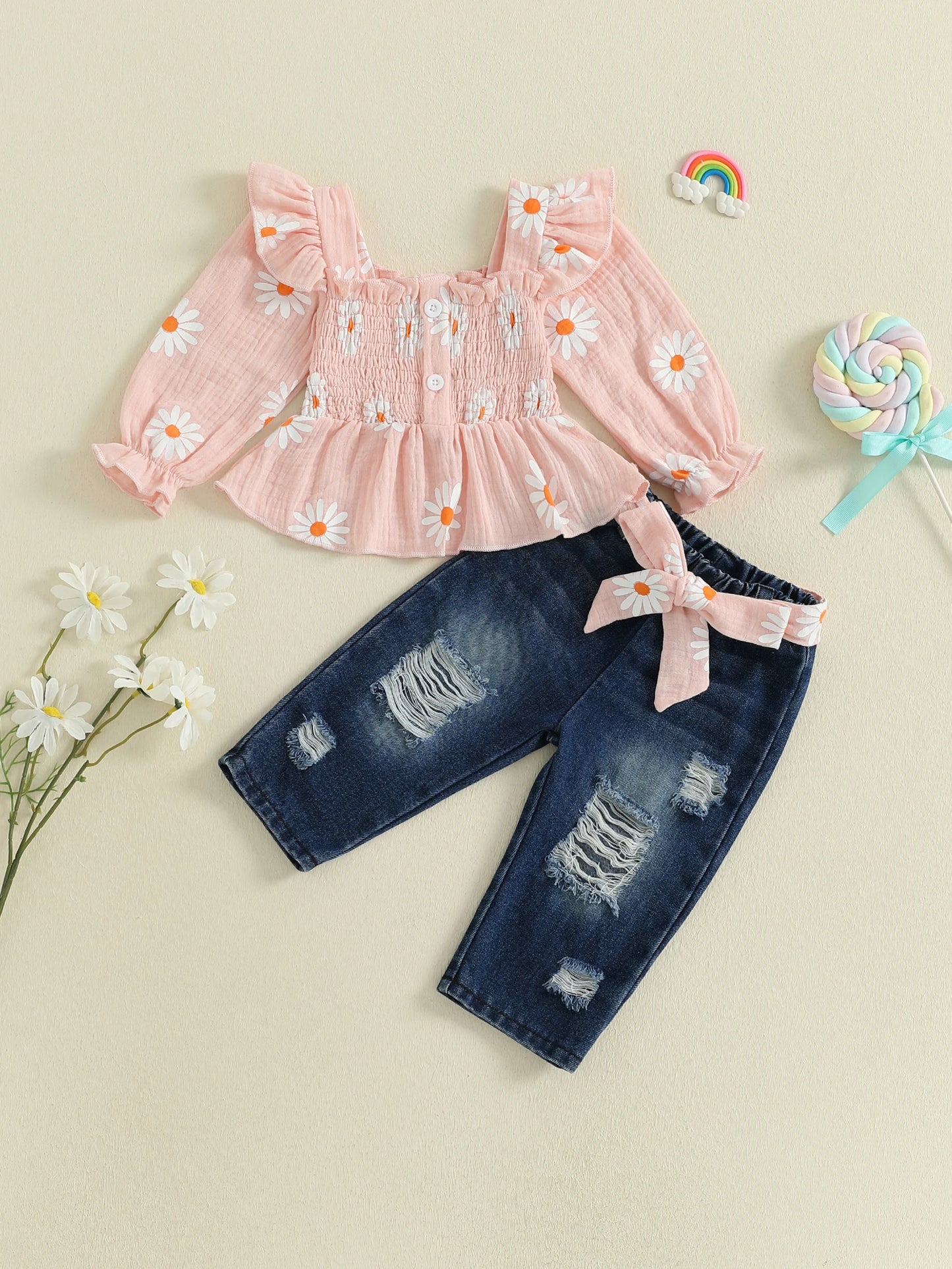 Girls Floral Print 2 Piece Belted Denim Pants Set Outfit