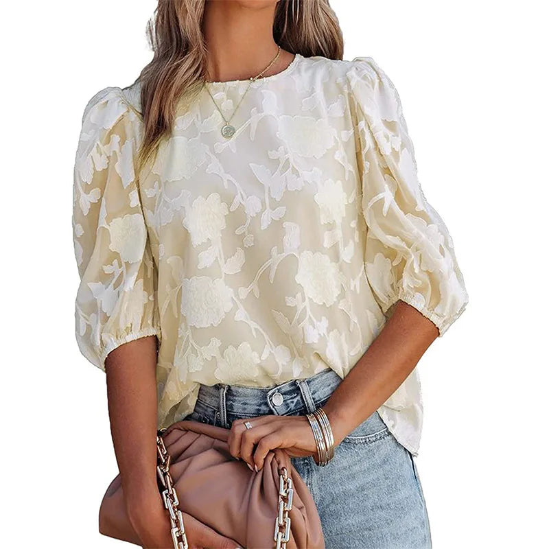 Women Puff Sleeve Chiffon Blouse Floral Lace Trim Loose Fit