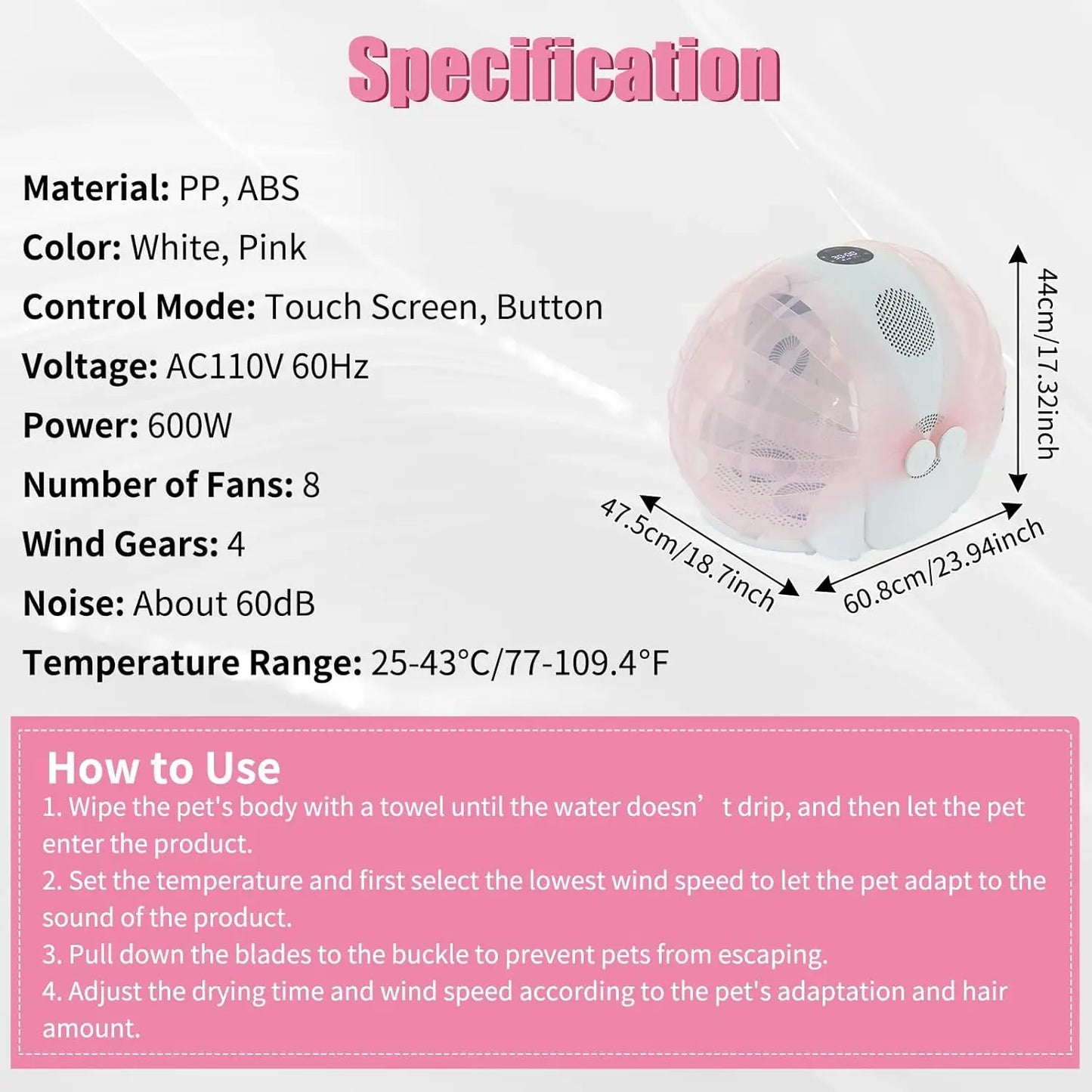Foldable Pet Dryer Box Automatic 360° Quiet 4-Speed 8-Fan Hair Blow for Small Dog Cat, Custom