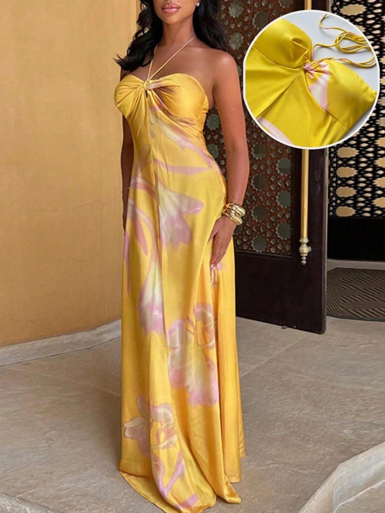 Abstract Print Halter Maxi Dress Satin Gown For Women Beach Wedding Guest