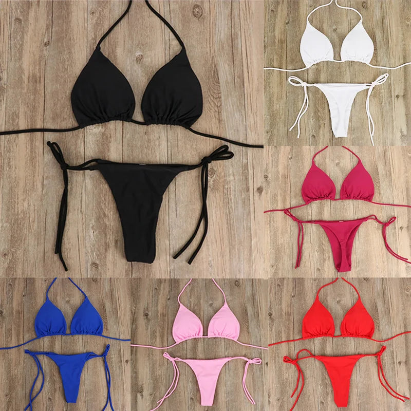 Women Halter Bikini Set Two Piece Solid Swimwear For Summer