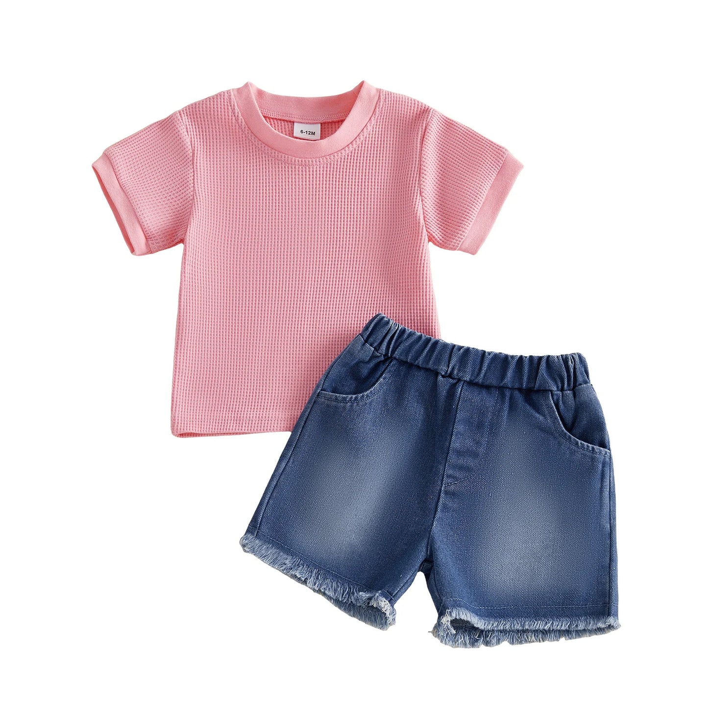 Two-Piece Infant Summer Outfit Set Crew Neck Tops Denim Shorts
