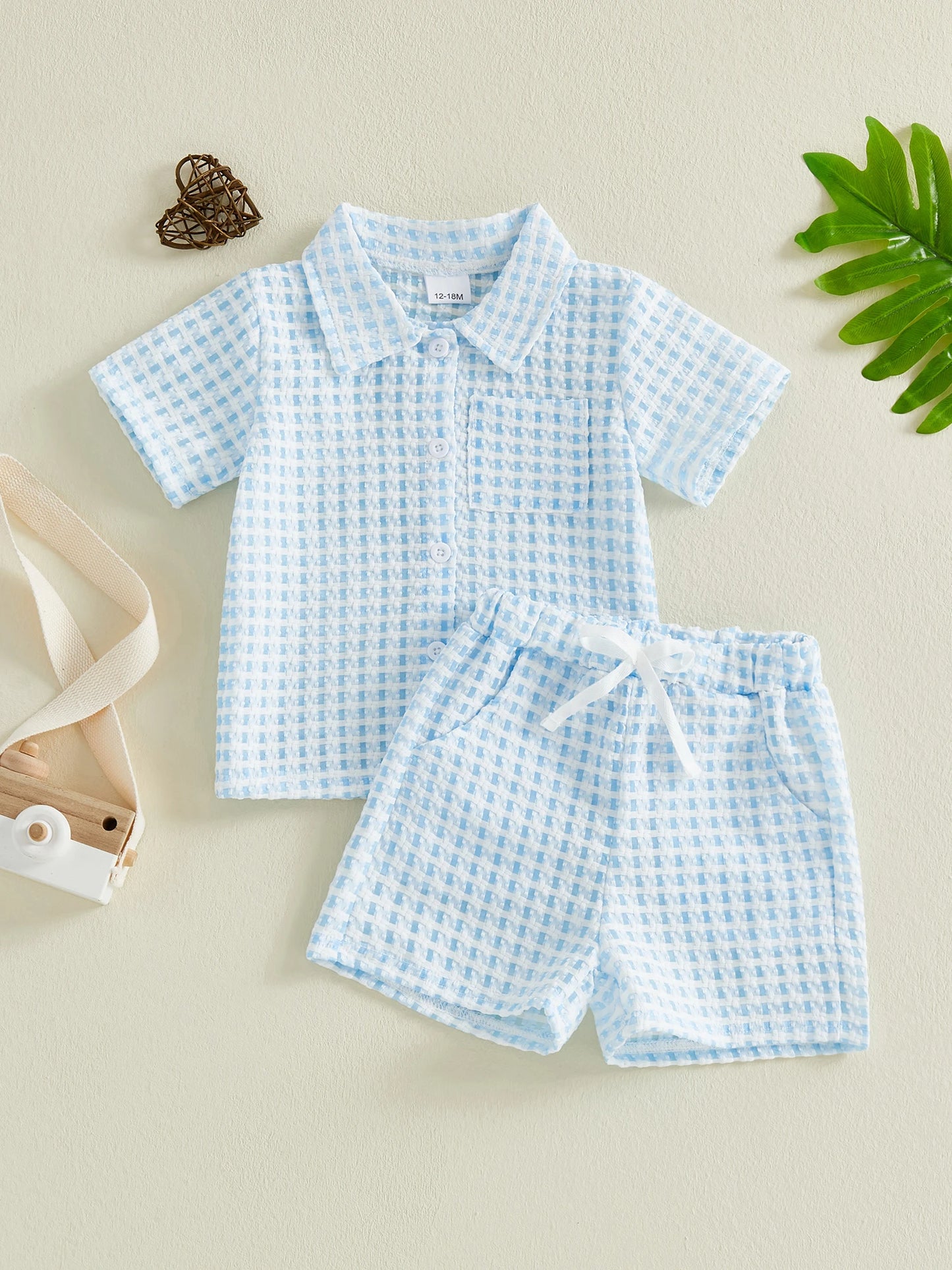 Infant Boy Summer Checkered 2 Piece Shirt And Shorts Set