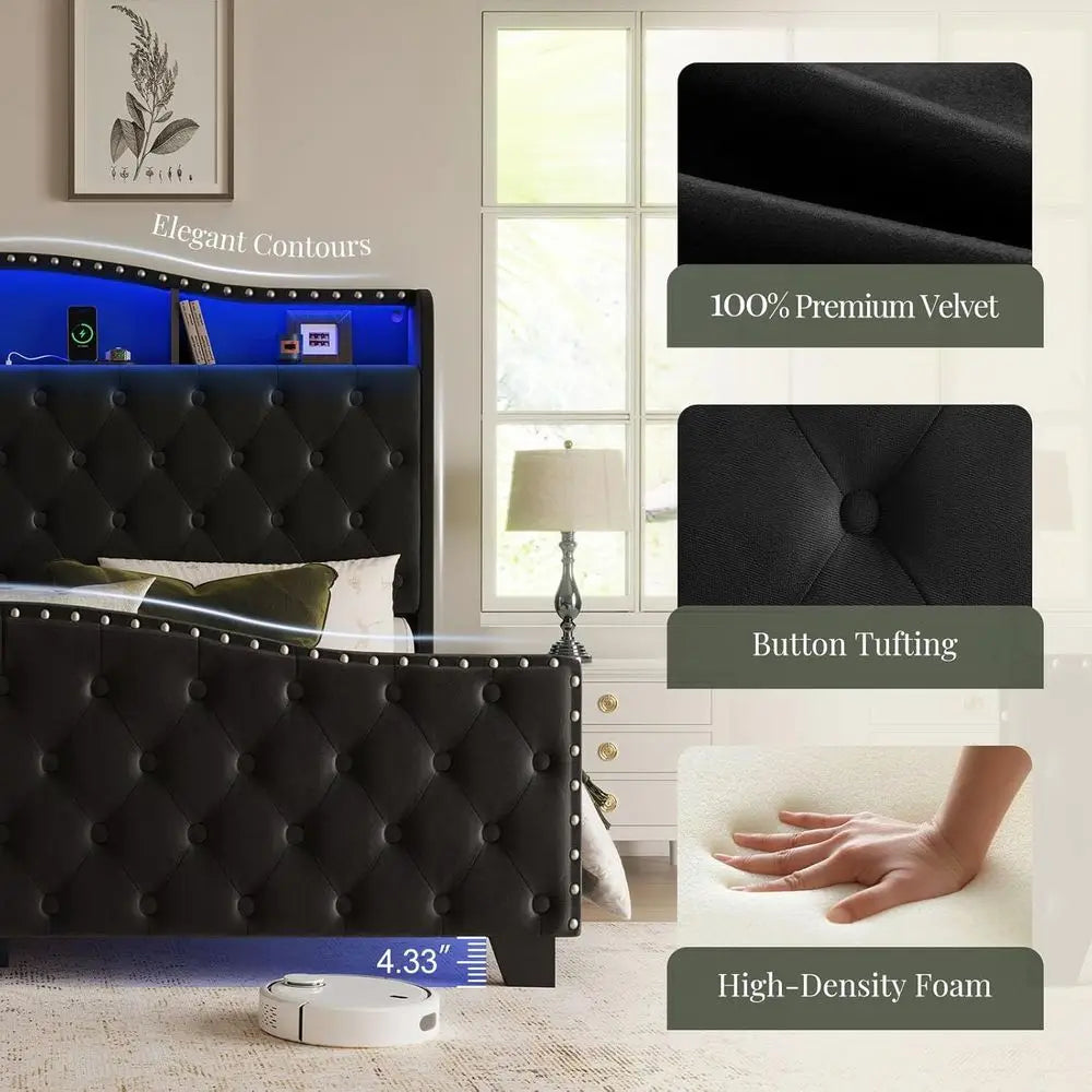 Wingback Velvet Upholstered Bed With LED Lights Storage Charging