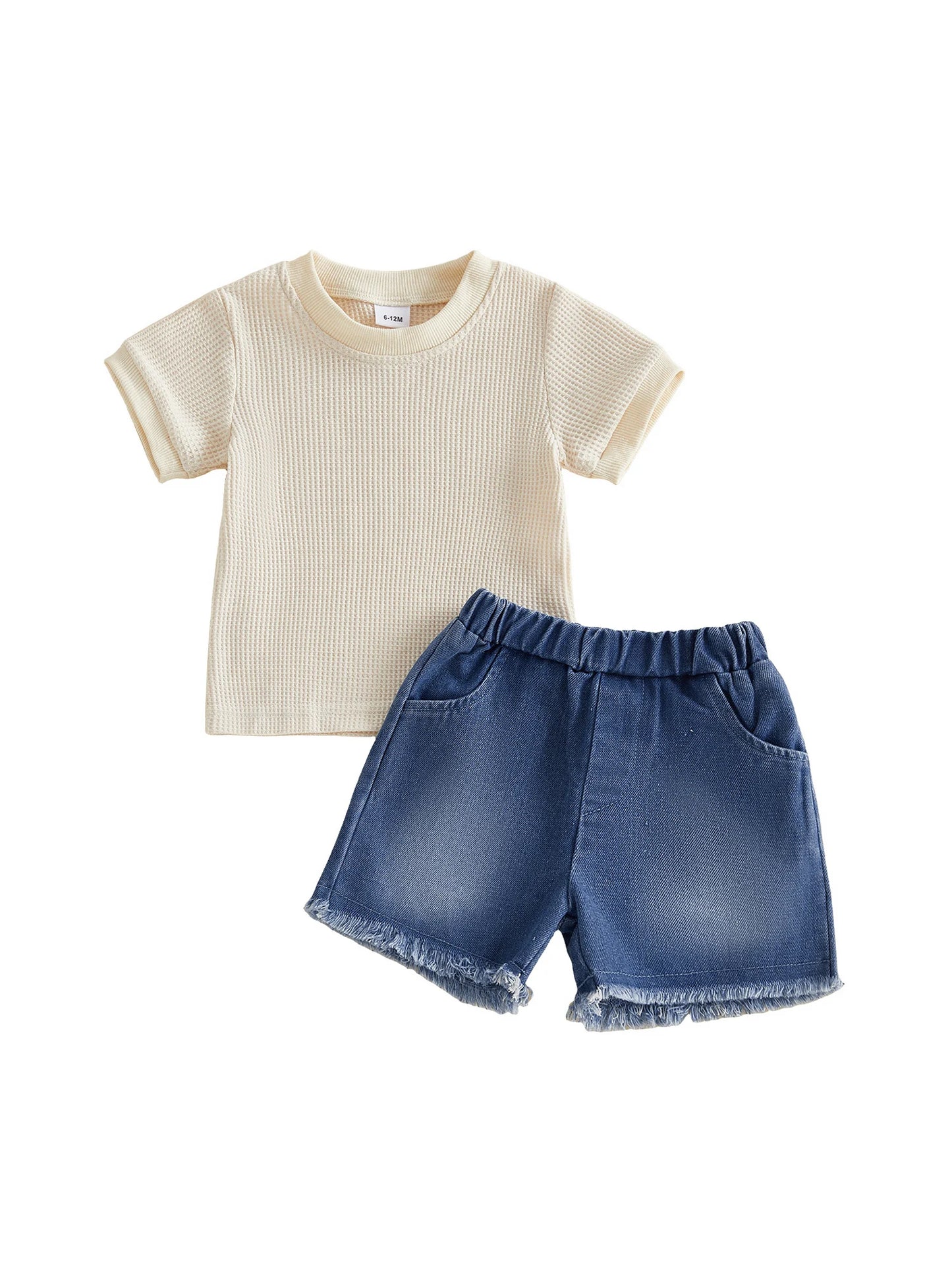 Two-Piece Infant Summer Outfit Set Crew Neck Tops Denim Shorts