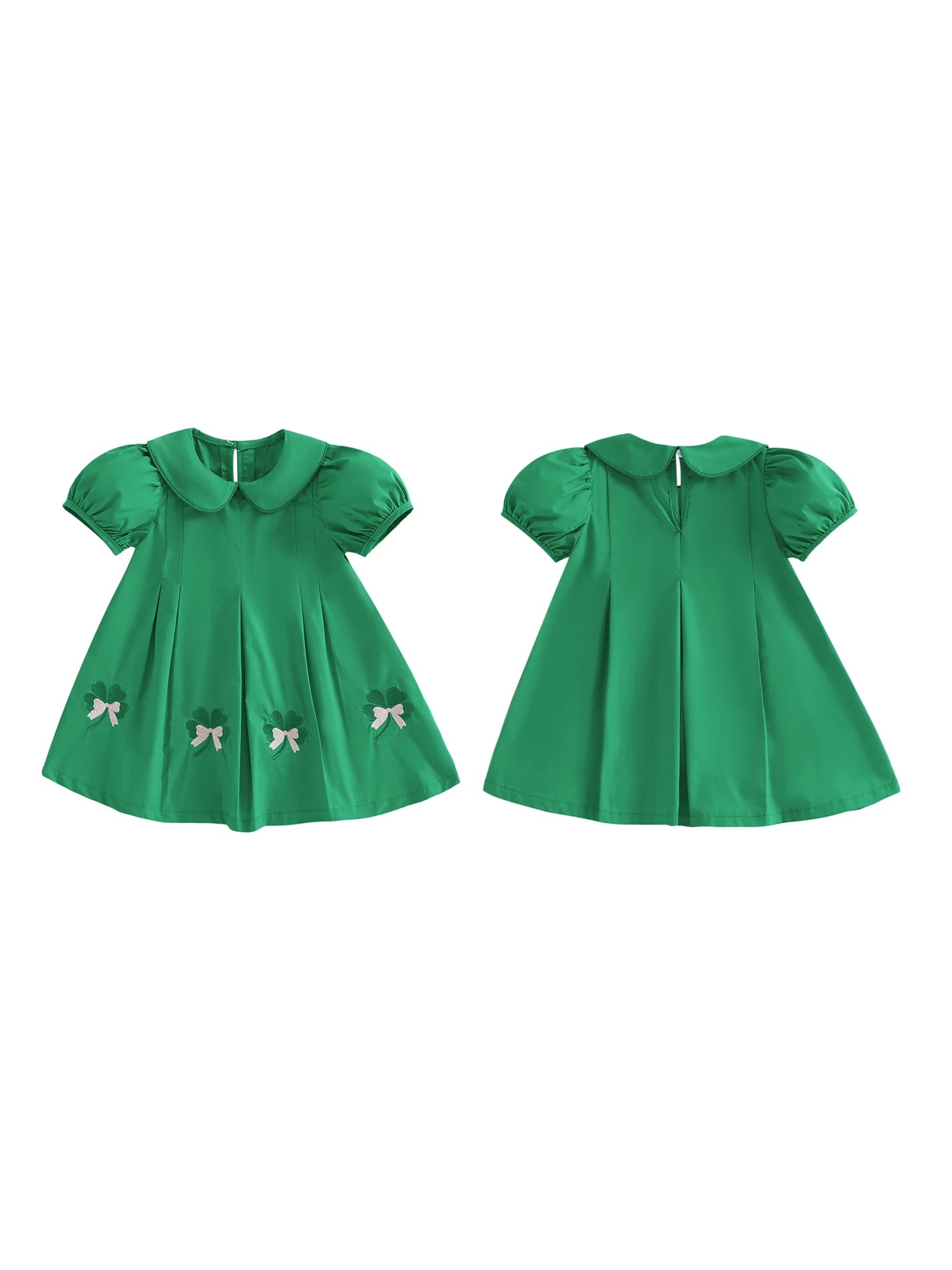St Patrick Day Toddler Girl Dress With Shamrock Embroidery And Peter Pan Collar